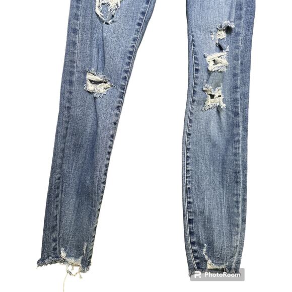 Garage Blue Jean Denim Ultra High Rise High Waisted Distressed Raw Hem Size 24 - Picture 2 of 5